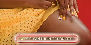 Demonstration of cleaning the injection site. Demonstration of cleaning the injection site.
