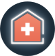 A house icon with a prescription symbol inside. A house icon with a prescription symbol inside.
