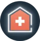 A house icon with a prescription symbol inside. A house icon with a prescription symbol inside.